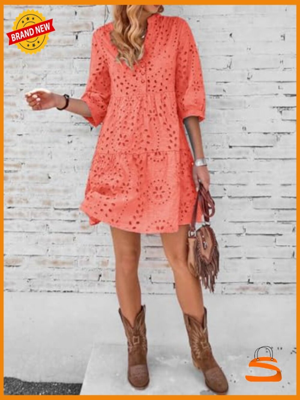 Eyelet Lace Midi Dress V Neck Puff 3/4 Sleeve Button Tiered A Line Sun Dress - Picture 5 of 6